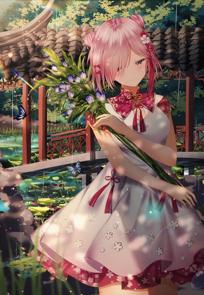 Anime picture 2841x4096 with fate (series) fate/grand order mash kyrielight junpaku karen single tall image blush fringe highres short hair breasts standing purple eyes holding looking away pink hair outdoors head tilt light smile hair over one eye
