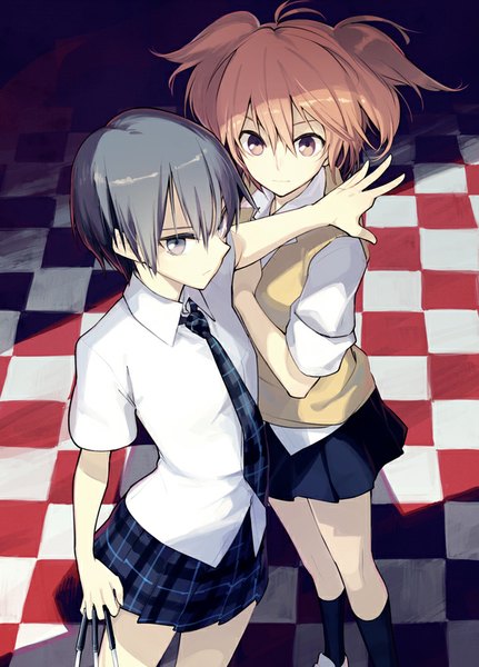 Anime picture 650x904 with akuma no riddle azuma tokaku ichinose haru nakatani tall image looking at viewer short hair blonde hair twintails multiple girls brown eyes from above grey hair grey eyes outstretched arm short twintails checkered floor floor girl uniform