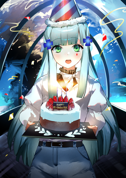 Anime picture 2000x2829 with girls frontline hk416 (girls frontline) moko (moko/moko) single long hair tall image looking at viewer fringe highres open mouth green eyes silver hair blunt bangs happy birthday girl hat food sweets cake party hat