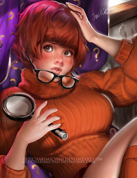Anime picture 695x900 with scooby-doo velma dinkley (scooby-doo) sakimichan single tall image blush fringe short hair brown hair green eyes signed looking away pink hair multicolored hair realistic two-tone hair text watermark hand on head ?