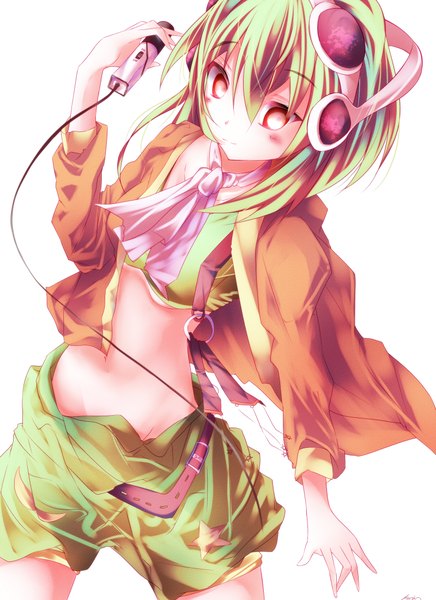 Anime-Bild 1600x2200 mit vocaloid gumi saijou karin single tall image blush fringe short hair light erotic simple background white background looking away multicolored hair open clothes groin sunglasses on head girl belt sunglasses microphone