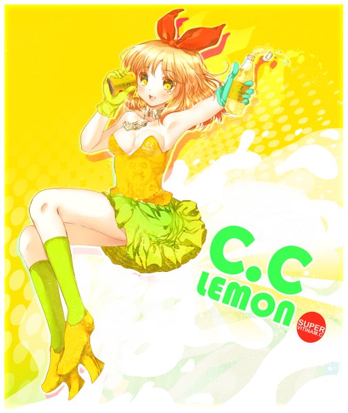 Anime-Bild 1011x1200 mit original c.c. lemon c.c. lemon (character) heco (mama) single tall image looking at viewer blush short hair open mouth light erotic blonde hair yellow eyes cleavage armpit (armpits) character names outstretched arm girl skirt gloves