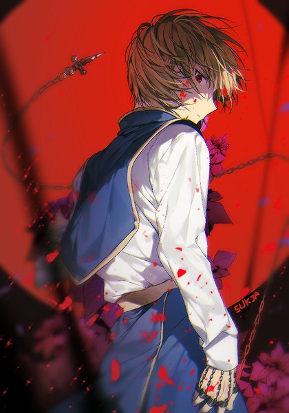 Anime picture 700x1000 with hunter x hunter kurapica sorolp single tall image looking at viewer fringe short hair blonde hair hair between eyes red eyes signed profile looking back shaded face blood on face boy weapon blood chain
