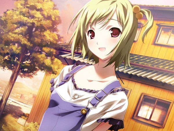 Anime picture 1024x768 with baldr (series) baldr sky baldr sky dive 2 giga tagme (character) wakakusa nanoha blush short hair smile red eyes game cg green hair one side up girl hair ornament plant (plants) tree (trees) building (buildings) hair tie hair bobbles
