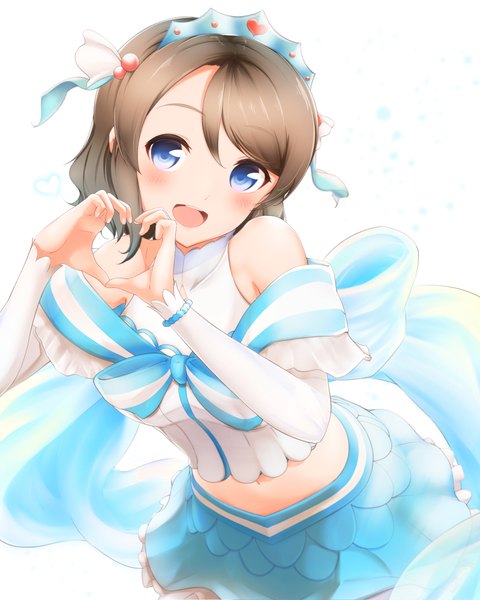 Anime picture 1600x2000 with love live! sunshine!! sunrise (studio) love live! watanabe you ycya2482 single tall image looking at viewer blush fringe short hair breasts open mouth blue eyes simple background brown hair standing white background bare shoulders head tilt