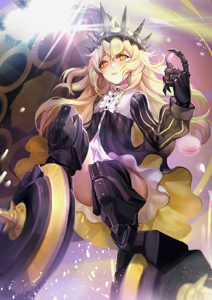 Anime picture 600x846 with black rock shooter chariot (black rock shooter) j.lili single long hair tall image looking at viewer blush fringe blonde hair yellow eyes light smile wind from below thighs lens flare light skirt lift shiny girl