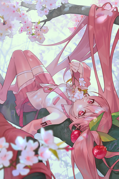 Anime picture 2124x3196 with vocaloid hatsune miku sakura miku jyuma single tall image looking at viewer fringe highres hair between eyes pink hair lying very long hair pink eyes on back cherry blossoms girl skirt plant (plants) detached sleeves