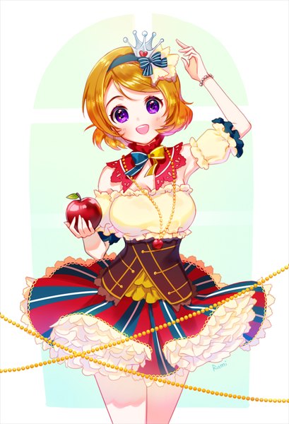 Anime picture 600x880 with love live! school idol project sunrise (studio) love live! koizumi hanayo rarumi single tall image looking at viewer blush short hair open mouth simple background purple eyes signed arm up orange hair frilly skirt girl detached sleeves frills