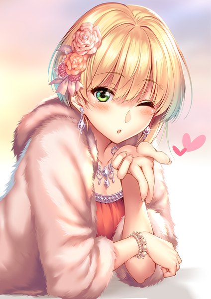 Anime picture 752x1063 with idolmaster idolmaster cinderella girls miyamoto frederica piromizu single tall image looking at viewer blush short hair simple background blonde hair green eyes upper body one eye closed hair flower fingernails wink :o sparkle gradient background