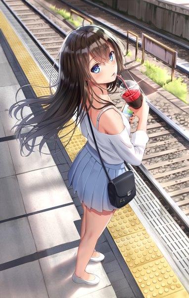 Anime picture 900x1413 with original superpig (wlstjqdla) single long hair tall image looking at viewer blush fringe breasts blue eyes hair between eyes brown hair standing holding full body ahoge outdoors pleated skirt looking back from above