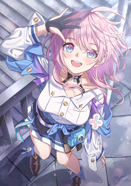 Anime picture 3055x4326 with honkai: star rail honkai (series) march 7th (honkai: star rail) redpepperoni00 single long hair tall image looking at viewer blush highres open mouth blue eyes standing signed pink hair absurdres full body outdoors :d arm up