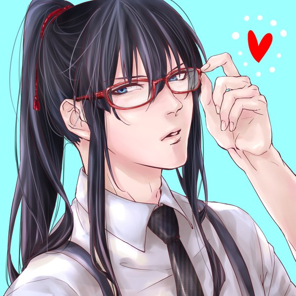 Anime picture 2000x2000 with d.gray-man kanda yuu shiduki24 single long hair looking at viewer fringe highres blue eyes black hair simple background hair between eyes payot ponytail parted lips turning head portrait blue background adjusting glasses boy