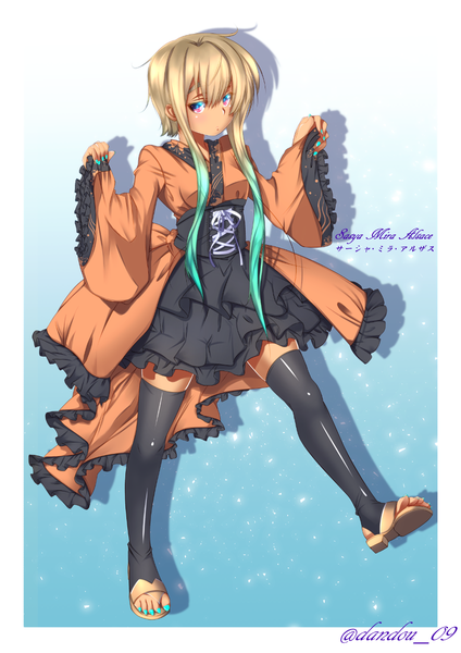Anime picture 849x1200 with dandou single long hair tall image looking at viewer short hair blonde hair purple eyes signed multicolored hair two-tone hair girl thighhighs dress black thighhighs