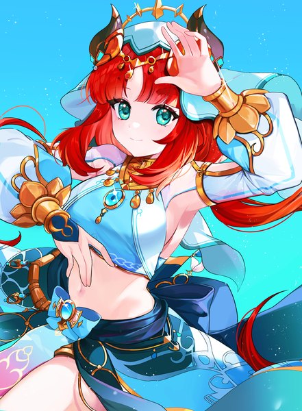 Anime picture 3884x5280 with genshin impact nilou (genshin impact) sali (sail myeon) single long hair tall image looking at viewer fringe highres simple background smile standing twintails absurdres red hair blunt bangs long sleeves arm up horn (horns) aqua eyes
