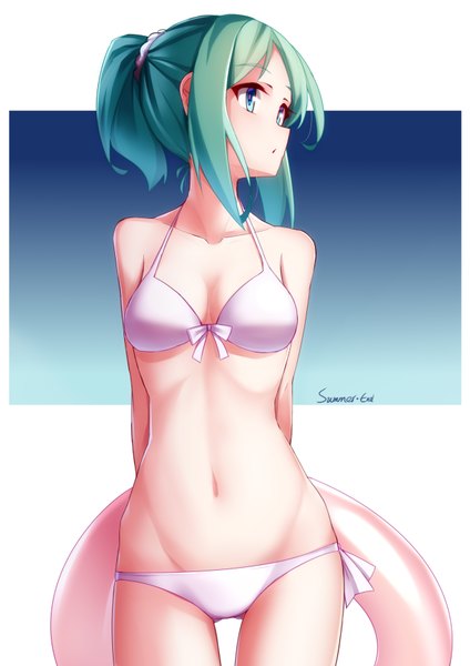 Anime picture 2480x3508 with original keller enasa arnold-s single tall image highres short hair breasts blue eyes light erotic standing looking away cleavage ponytail profile green hair thigh gap groin hands behind back front-tie top