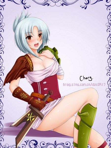 Anime picture 3475x4618 with league of legends riven (league of legends) single tall image looking at viewer blush highres short hair open mouth sitting brown eyes absurdres white hair girl gloves weapon sword