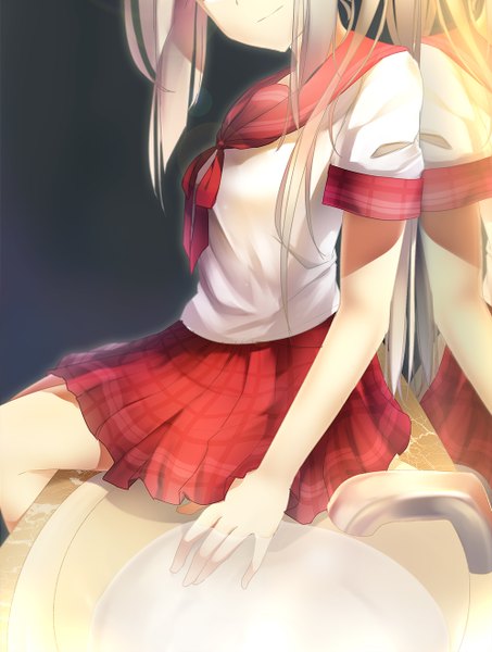 Anime picture 1000x1324 with original bison cangshu single long hair tall image blonde hair sitting pleated skirt light smile reflection head out of frame girl skirt uniform school uniform miniskirt sailor suit mirror seashell
