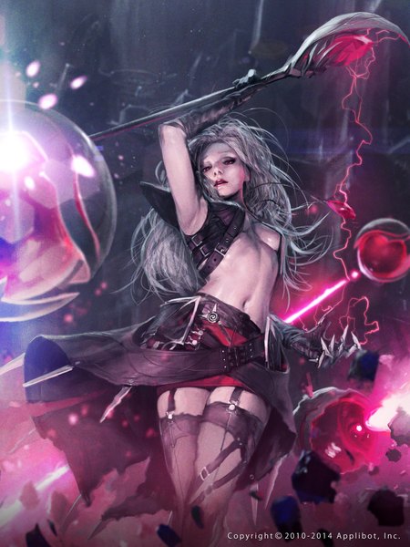 Anime picture 3000x4000 with totorrl (artist) single long hair tall image looking at viewer highres light erotic red eyes lips grey hair bare belly from below magic looking down girl gloves navel black gloves armor single glove
