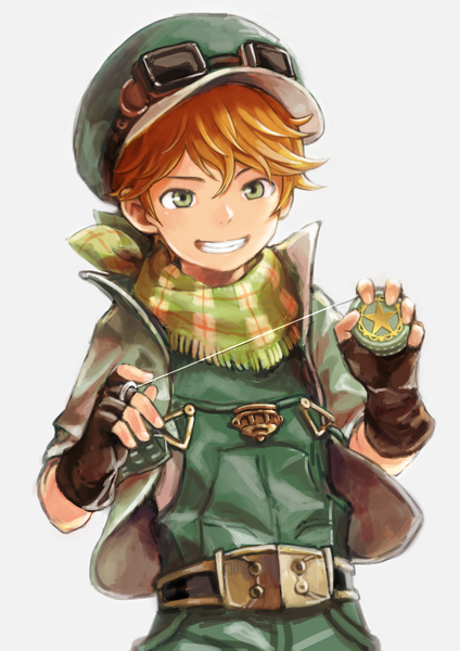 Anime picture 868x1228 with granblue fantasy suiiru (granblue fantasy) b gent single tall image fringe simple background smile hair between eyes standing white background holding green eyes looking away orange hair open jacket grin goggles on head boy gloves