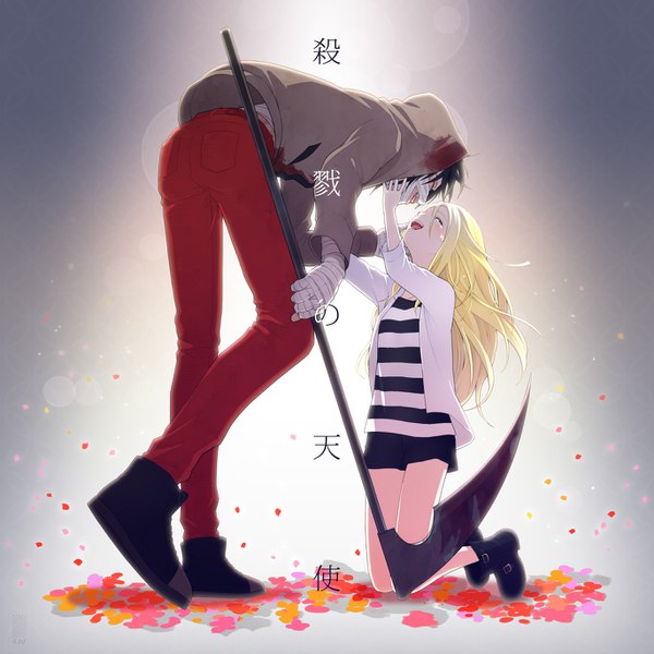 Anime picture 1369x1369 with satsuriku no tenshi ray (satsuriku no tenshi) zack (satsuriku no tenshi) 4 fnf long hair short hair open mouth simple background blonde hair full body eyes closed copyright name tears kneeling happy striped bloody clothes hand on another's face girl boy