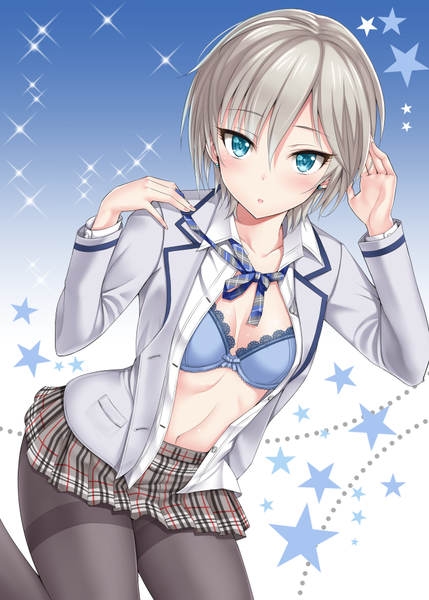 Anime picture 648x906 with idolmaster idolmaster cinderella girls anastasia (idolmaster) kisugi akira single tall image looking at viewer blush fringe short hair blue eyes light erotic silver hair bent knee (knees) parted lips pleated skirt open clothes sparkle open shirt piercing