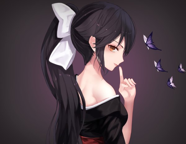 Anime picture 4549x3538 with original cup6542 single looking at viewer blush fringe highres black hair simple background hair between eyes bare shoulders brown eyes payot absurdres upper body ponytail very long hair parted lips profile looking back