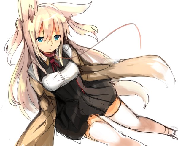 Anime picture 1915x1564 with original haik single long hair looking at viewer fringe highres simple background blonde hair white background animal ears tail animal tail from above girl thighhighs white thighhighs collar