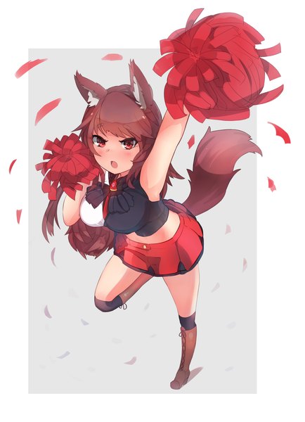 Anime picture 1991x2750 with touhou imaizumi kagerou ehrrr single long hair tall image looking at viewer fringe highres breasts red eyes brown hair large breasts standing holding animal ears full body tail animal tail arm up