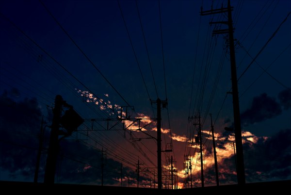 Anime picture 1600x1075 with original kibunya 39 sky cloud (clouds) night evening sunset no people landscape wire (wires) power lines