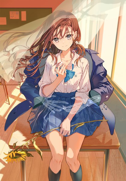 Anime-Bild 1165x1668 mit original tiv single long hair tall image looking at viewer fringe smile hair between eyes brown hair sitting holding indoors pleated skirt from above mole grey eyes mole under eye plaid skirt open collar