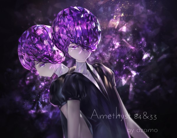 Anime picture 2299x1800 with houseki no kuni amethyst (houseki no kuni) azomo fringe highres short hair purple eyes signed purple hair hair over one eye puffy sleeves character names twins back to back androgynous necktie