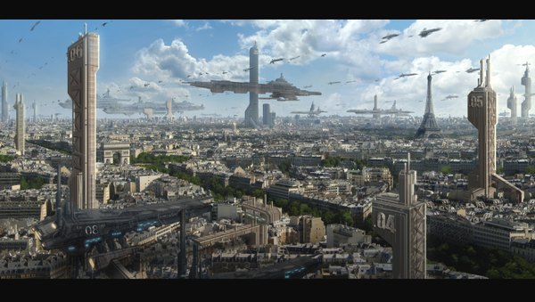 Anime picture 3288x1860 with astrokevin (artist) highres wide image absurdres cloud (clouds) city cityscape science fiction