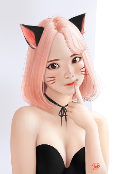 Anime picture 2480x3508 with original laras (jubi) jubi (regiana) single tall image looking at viewer highres short hair breasts light erotic simple background smile red eyes white background bare shoulders signed animal ears pink hair cleavage nail polish