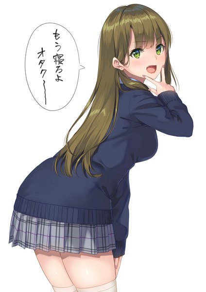 Anime-Bild 2893x4092 mit original unasaka ryou single long hair tall image looking at viewer blush fringe highres open mouth simple background smile standing white background green eyes blunt bangs long sleeves :d pleated skirt looking back