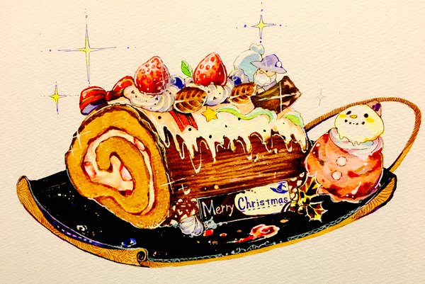 Anime picture 4032x2700 with original ten'non highres smile absurdres christmas no people merry christmas traditional media marker (medium) still life bow hat food sweets star (symbol) leaf (leaves) fruit berry (berries) cake