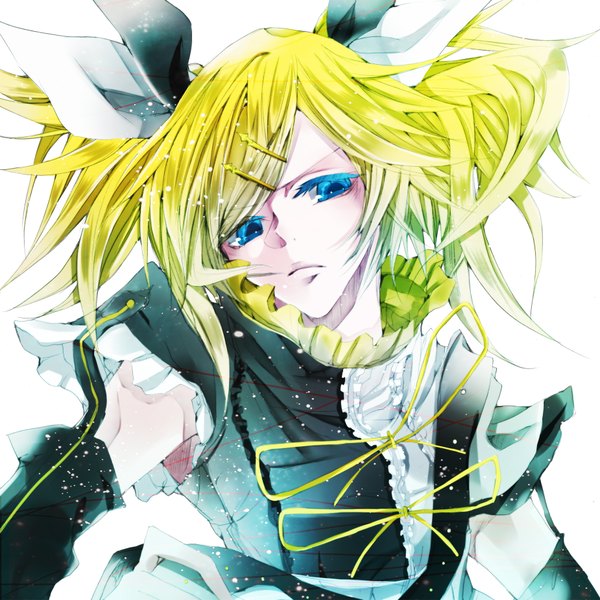 Anime picture 1850x1850 with vocaloid meltdown (vocaloid) kagamine rin kagamine rin (meltdown) daiviad single looking at viewer highres short hair blue eyes simple background blonde hair white background girl dress hair ornament bow hair bow hairclip