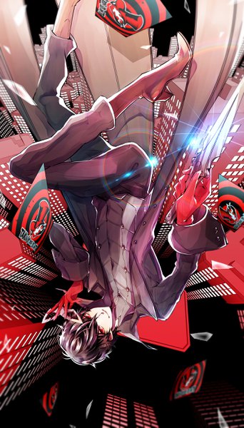 Anime picture 1400x2450 with persona 5 persona amamiya ren yuu (isis7796) single tall image looking at viewer fringe short hair black hair smile hair between eyes red eyes falling boy gloves mask knife card (cards) red gloves