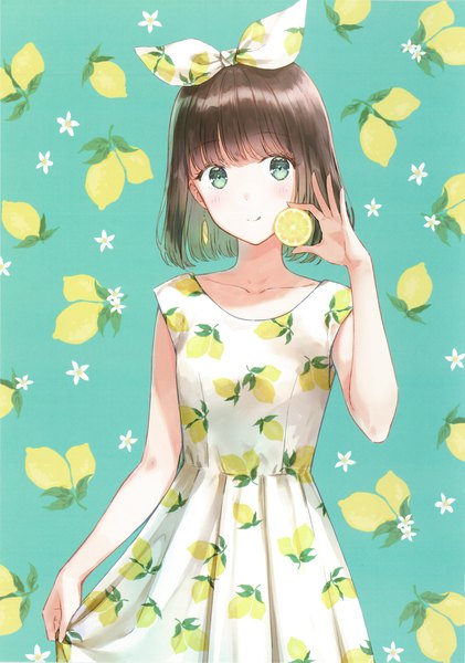 Anime picture 4247x6056 with original hiten (hitenkei) single tall image looking at viewer blush fringe highres short hair simple background brown hair standing holding absurdres aqua eyes scan sleeveless blue background dress lift :q