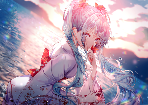 Anime picture 3508x2480 with vocaloid hatsune miku ggatip single long hair looking at viewer blush fringe highres twintails holding absurdres sky cloud (clouds) outdoors traditional clothes parted lips japanese clothes hair flower aqua eyes