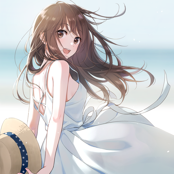 Anime picture 1115x1115 with original morikura en single long hair looking at viewer blush fringe breasts open mouth smile brown hair bare shoulders holding brown eyes looking back wind from behind sunlight no bra happy