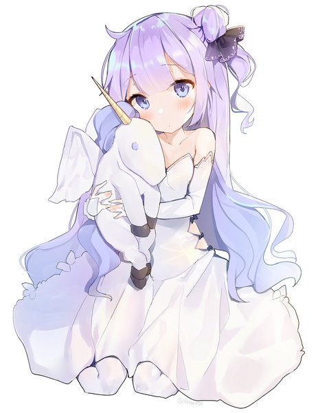 Anime picture 994x1287 with azur lane unicorn (azur lane) sabet (young ouo) single long hair tall image looking at viewer blush simple background white background sitting purple eyes bare shoulders purple hair full body ahoge head tilt hair bun (hair buns) one side up wariza