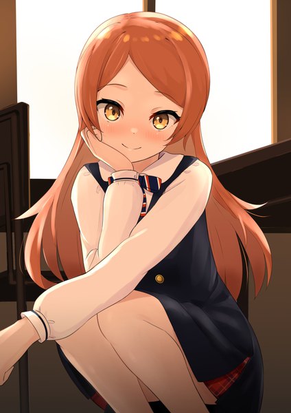 Anime picture 2894x4093 with idolmaster idolmaster million live! oogami tamaki cpk prd single long hair tall image looking at viewer blush highres smile yellow eyes indoors orange hair squat chin rest girl
