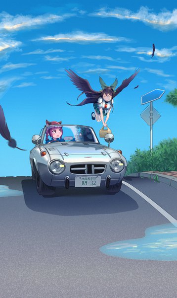 Anime-Bild 2306x3858 mit touhou toyota reiuji utsuho kaenbyou rin joeychen long hair tall image fringe highres open mouth smile red eyes brown hair multiple girls holding animal ears looking away sky outdoors red hair