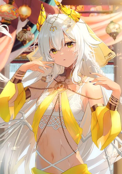 Anime picture 2455x3497 with original omelet tomato single long hair tall image looking at viewer fringe highres open mouth light erotic hair between eyes yellow eyes upper body white hair braid (braids) nail polish head tilt horn (horns) fingernails blurry