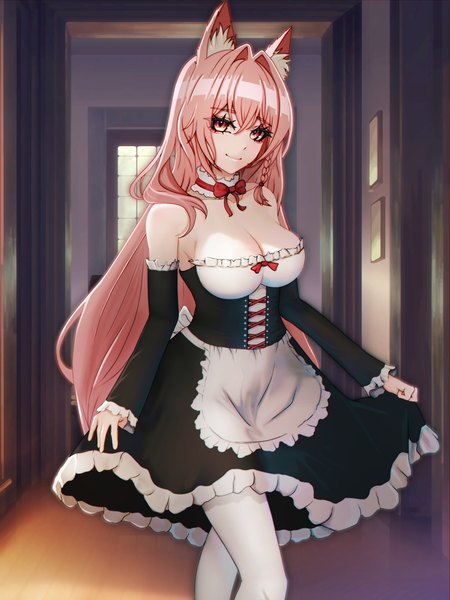 Anime picture 3000x4000 with arknights pozyomka (arknights) absurd fox single long hair tall image looking at viewer fringe highres breasts light erotic smile large breasts standing animal ears pink hair cleavage indoors pink eyes maid