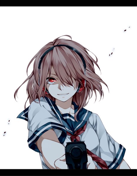 Anime picture 854x1100 with original koubou single long hair tall image looking at viewer fringe open mouth simple background smile red eyes brown hair white background hair over one eye girl uniform weapon school uniform serafuku headphones