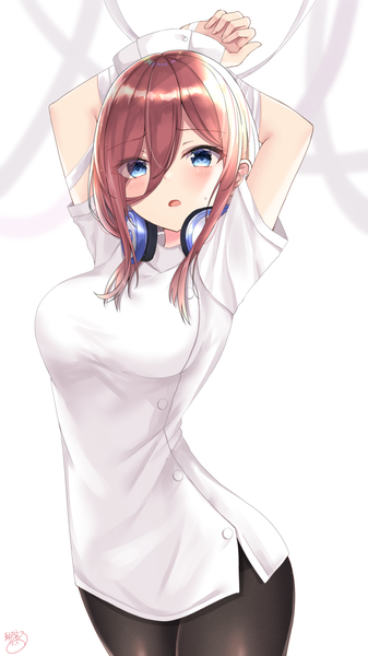 Anime picture 1000x1779 with go-toubun no hanayome nakano miku akino ell single long hair tall image looking at viewer blush fringe breasts open mouth blue eyes simple background hair between eyes brown hair standing white background signed arms up short sleeves