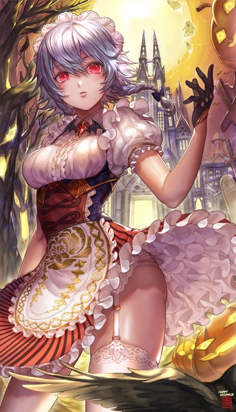 Anime picture 700x1220 with touhou izayoi sakuya bbbox (hotpppink) single tall image fringe short hair breasts light erotic hair between eyes red eyes standing looking away silver hair braid (braids) short sleeves maid puffy sleeves twin braids halloween