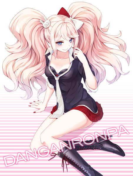 Anime picture 800x1060 with dangan ronpa enoshima junko yaegorou single long hair tall image looking at viewer blue eyes blonde hair smile twintails girl skirt bow hair bow necktie boots red skirt