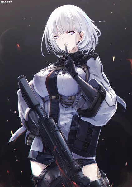 Anime picture 1158x1638 with girls frontline rpk-16 (girls frontline) nekoya (liu) single tall image looking at viewer blush fringe short hair breasts light erotic simple background large breasts standing holding white hair blunt bangs parted lips pink eyes arm up
